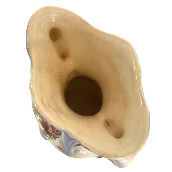 Victorian Lusterware Ceramic Vase Double Handle Footed Pink Roses 8.25" Vintage - Picture 6 of 7